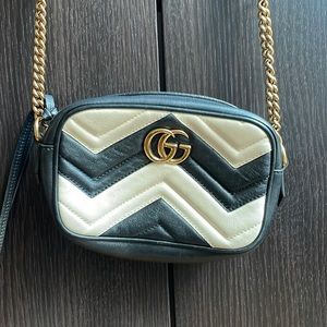 Gucci Matelasse Mini GG Marmont Chain Shoulder Bag Black White